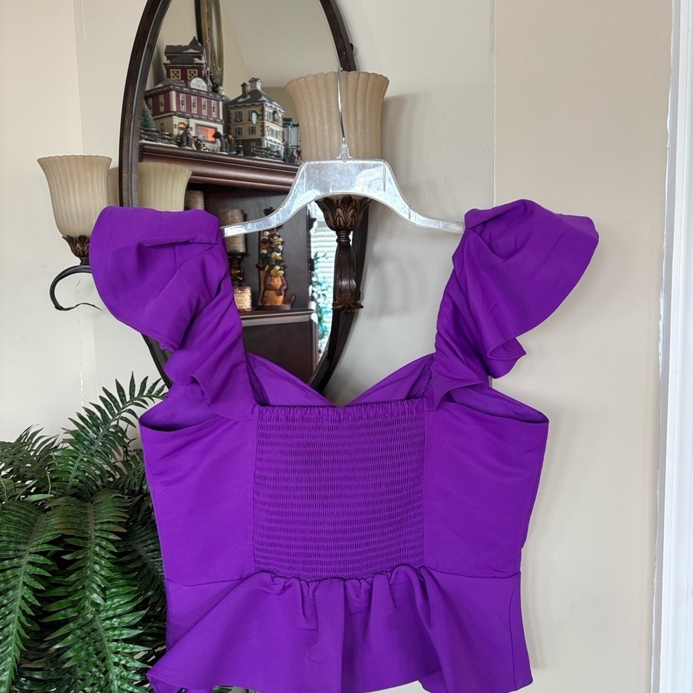Brand New Express Purple Ruffle Crop Top Smocked Stretch Back Tailored Blouse - Picture 9 of 14